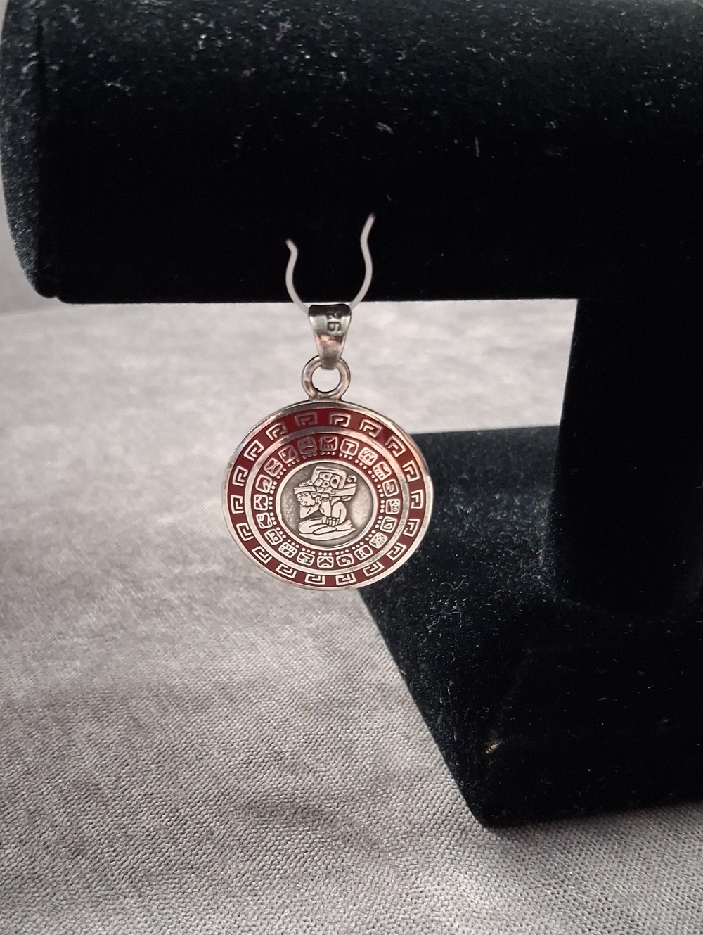 Vintage Marked 925 Sterling Silver Red Enamel Mayan Calendar Pendant 2¾" VG-